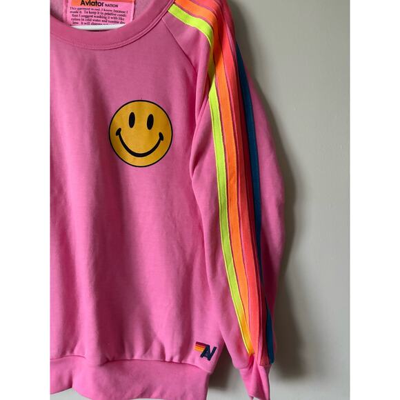 AVIATOR NATION Smiley Hot Pink Crewneck Sweatshirt Stripes S - Picture 3 of 6